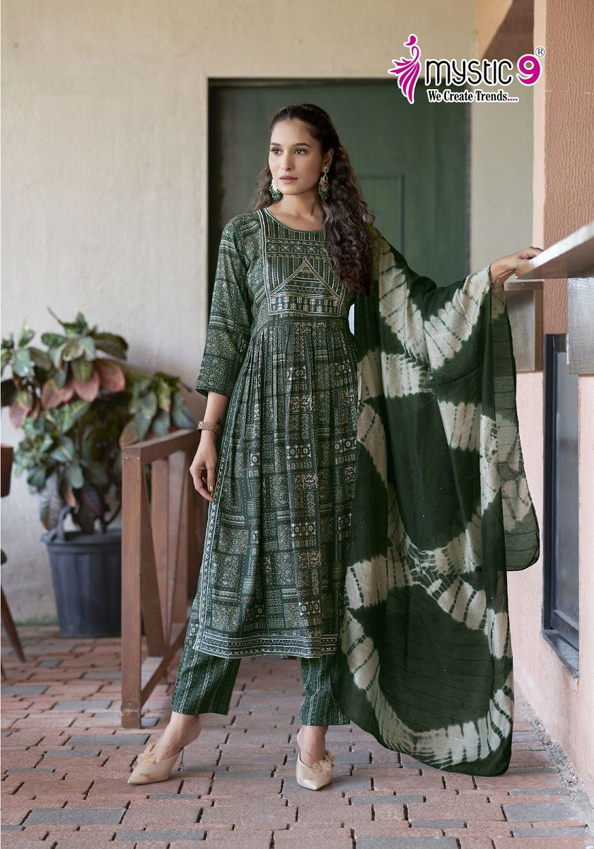 Sara Vol 12 By Mystic 9 Naira Cut Foil Printed Kurti With Bottom Dupatta Wholesale Market In Surat
